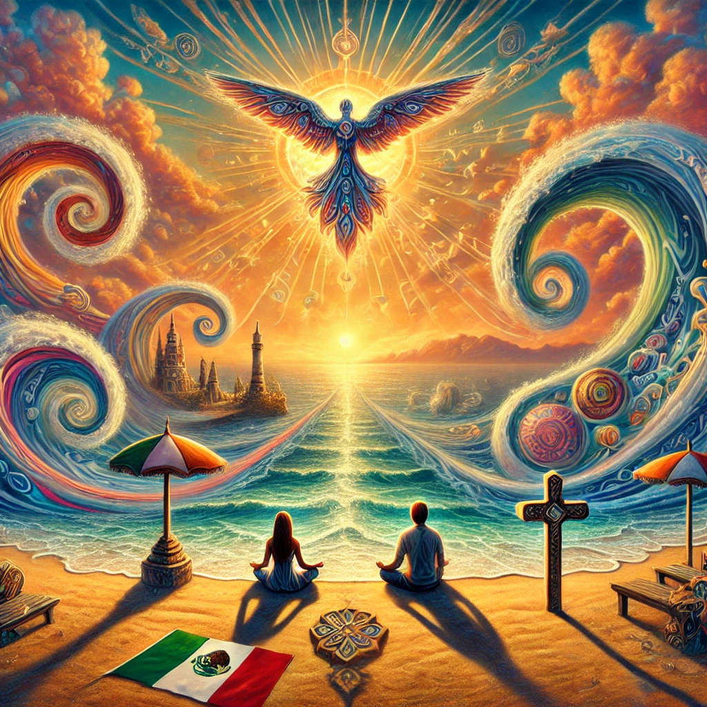 A surreal painting depicting a Mexican beach scene. In the foreground, Adi and Sana sit cross-legged on the sand, their eyes closed in meditation. Behind them, the ocean stretches to the horizon, its waves transforming into swirling, colorful patterns reminiscent of Romanian folk art. In the sky, a large, ethereal zburător (flying spirit) soars overhead, leaving a trail of glowing code in its wake. The sun is setting, casting a warm, golden light over the scene, blending the colors of the Mexican and Romanian flags. In the distance, a troița (Romanian roadside cross) stands on a small island, serving as a bridge between two worlds.