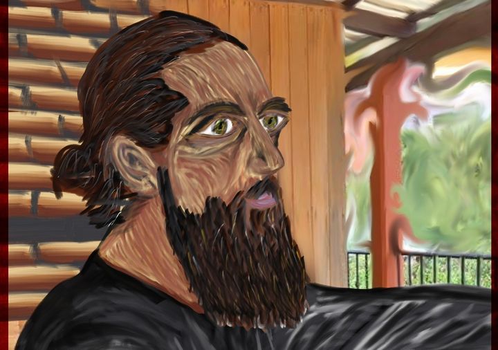 Digital painting of bearded man at a table 